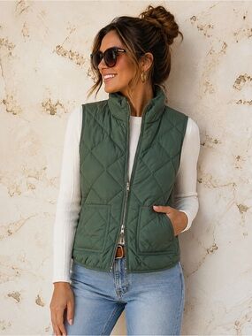 J.Crew Olive Green Quilted Vest XXS Lightweight Layering Piece
